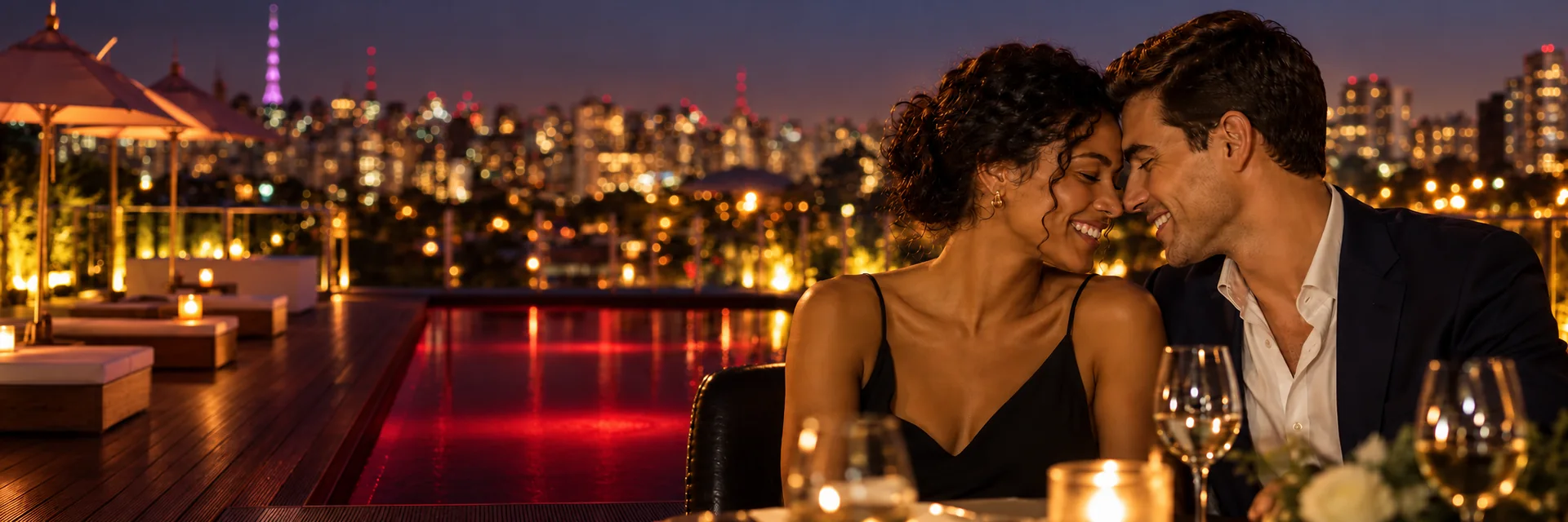 Casal celebrando ao entardecer, com a piscina vermelha e o horizonte de São Paulo ao fundo
